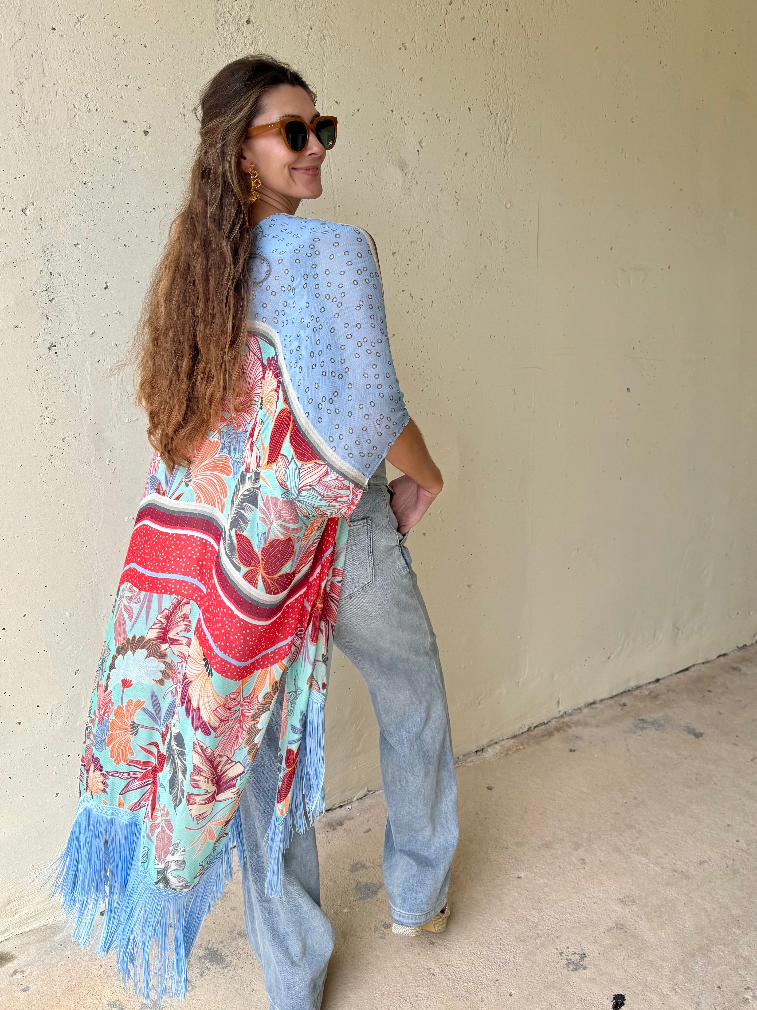 Azule Bloom Fringed Kimono