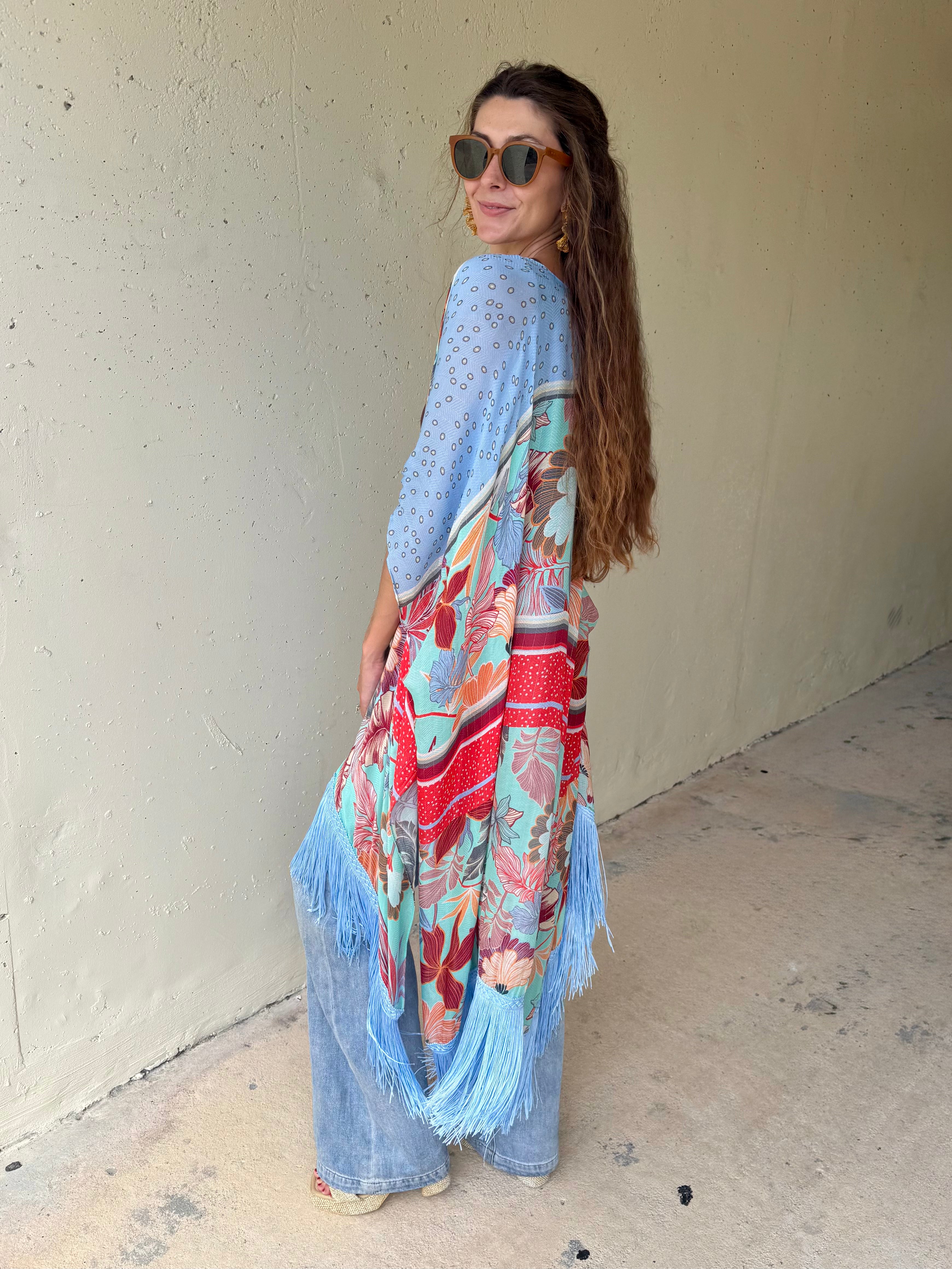 Azule Bloom Fringed Kimono