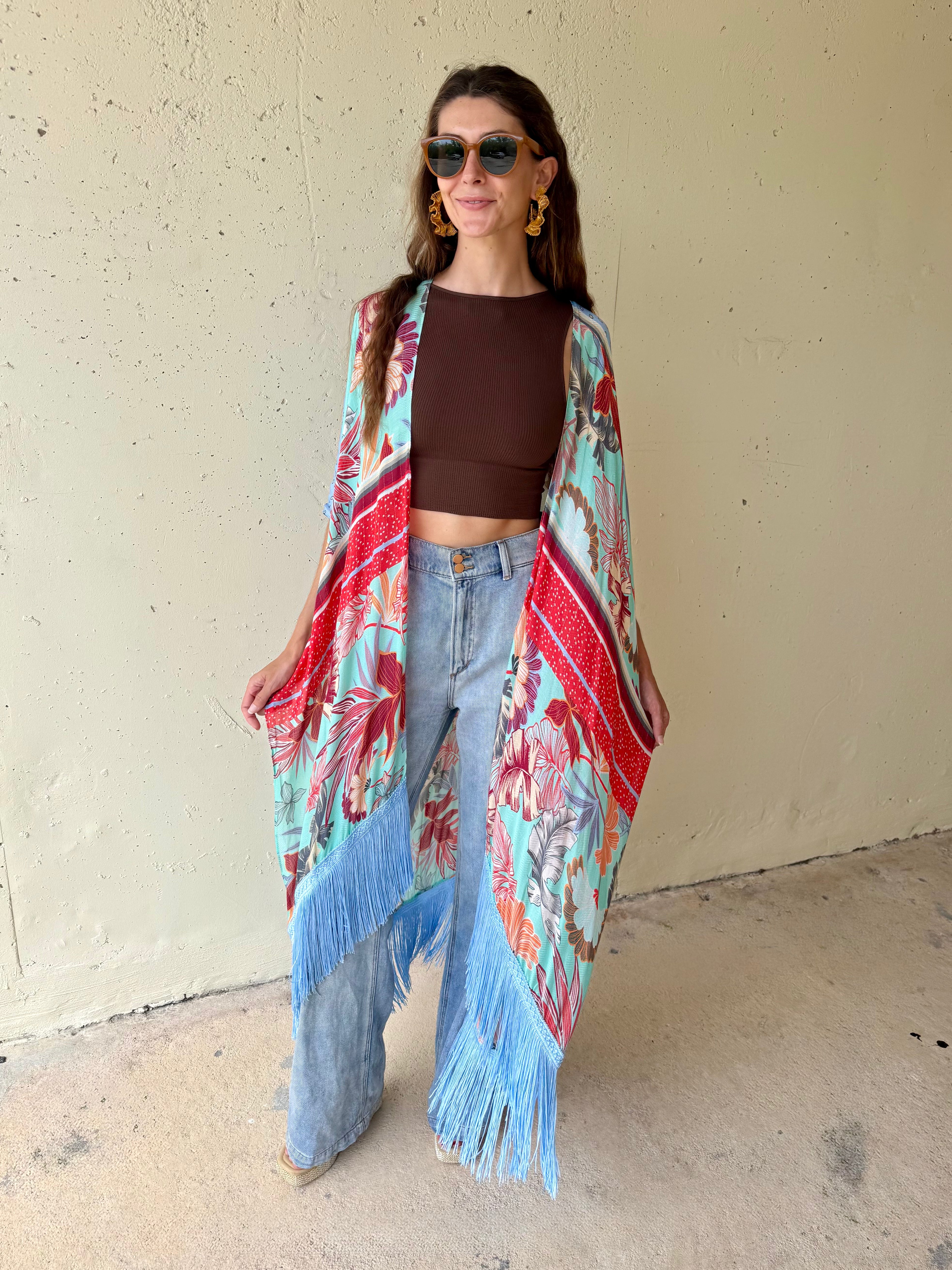 Azule Bloom Fringed Kimono