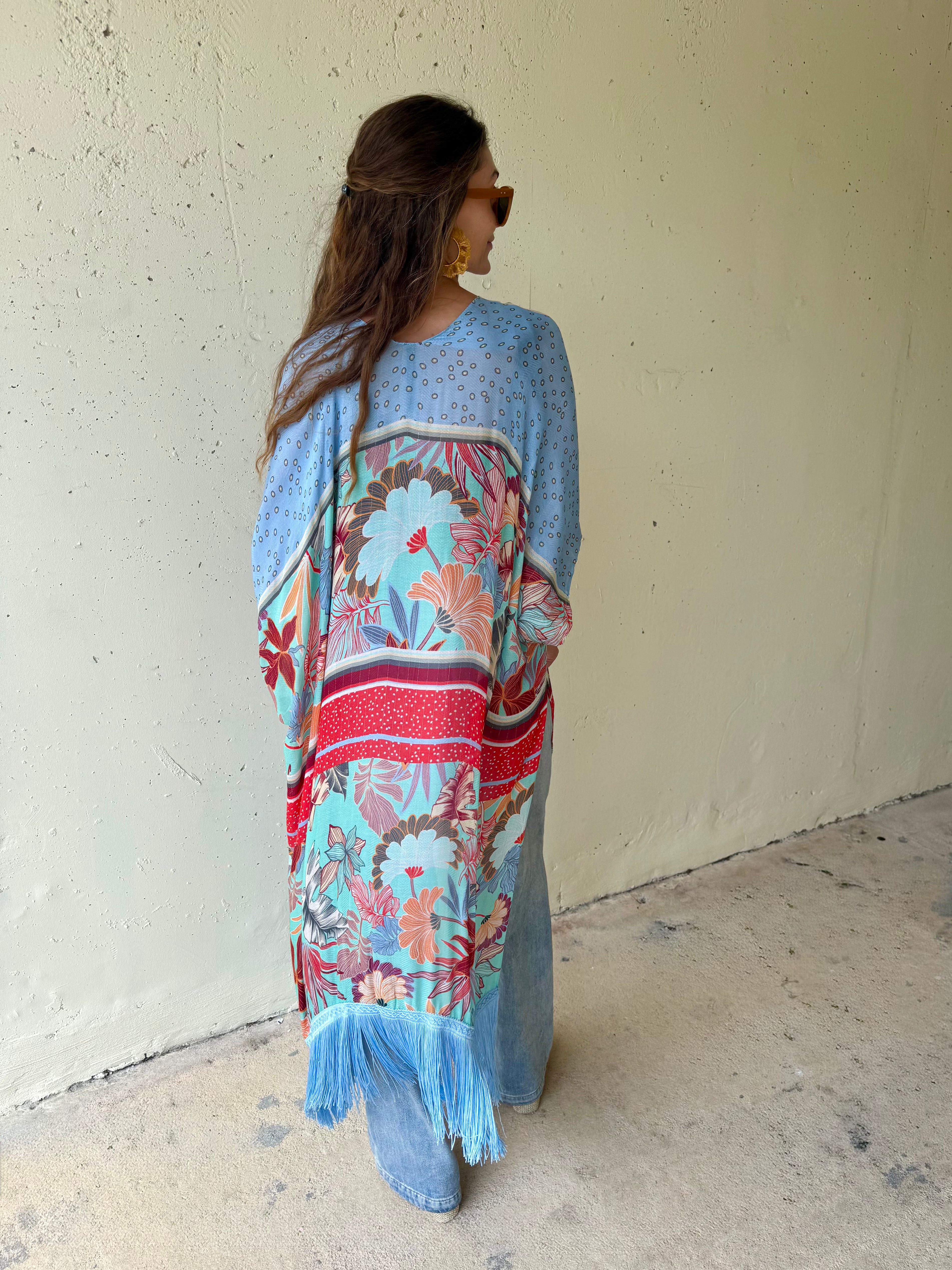 Azule Bloom Fringed Kimono